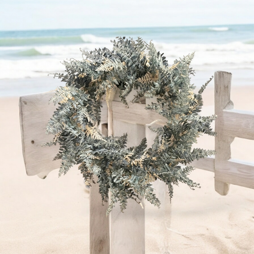 20 inch Coastal Fern White Willow Wreath Everyday Blue and Cream Home Decor